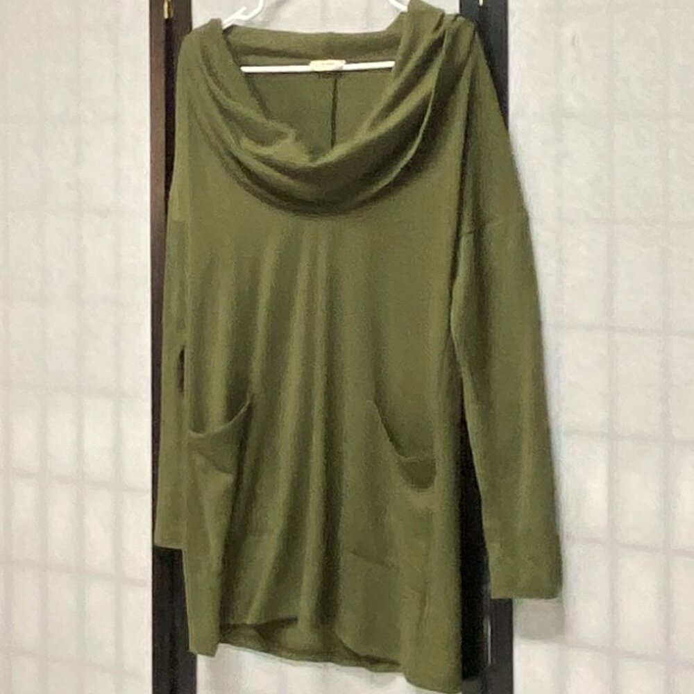 Emerald Olive Green Knit Cowl Neck Tunic Long Sleeve Button Back Patch Pockets M - Picture 4 of 12